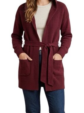 LL. BEAN Women's All-Day Waffle Sweater, Hooded Wrap Cardigan in Wine